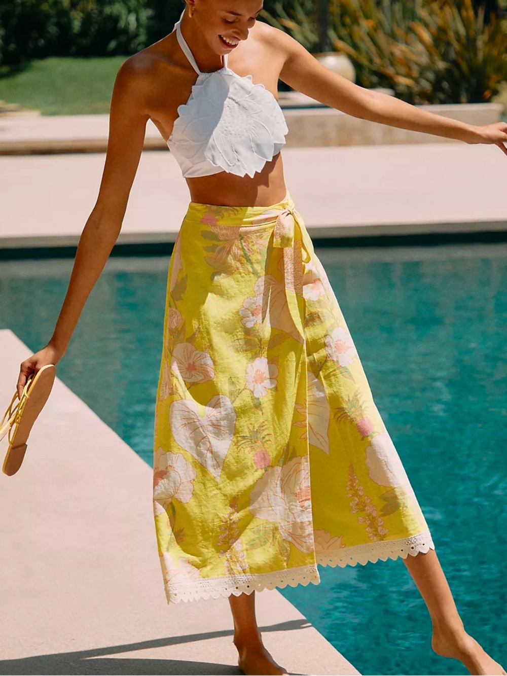 Farm Rio Anthropologie XS Printed Wrap Maxi Skirt Tropical Boho Beach Yellow NEW
